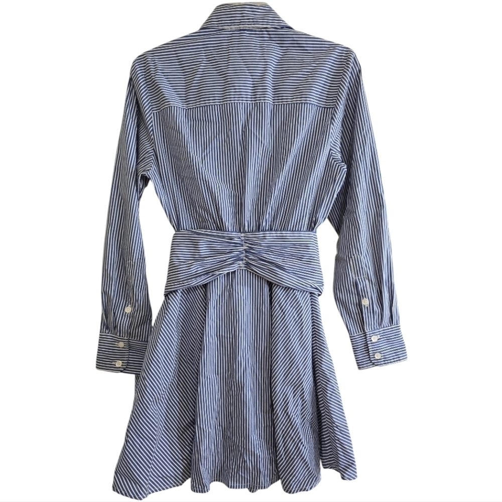 Lini Blue White Striped Shirt Dress Small Button Front Tie Waist Circle Skirt - Picture 5 of 10
